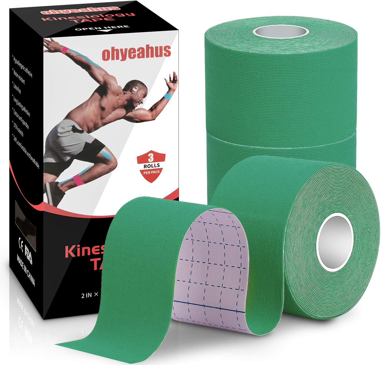 Kinesiology Tape(3 Rolls Pack), Elastic Therapeutic Sports Tape Pro for Shoulder Knee Elbow Ankle, Waterproof, Breathable, Latex Free, 2 Inch X 19.7 Feet per Roll