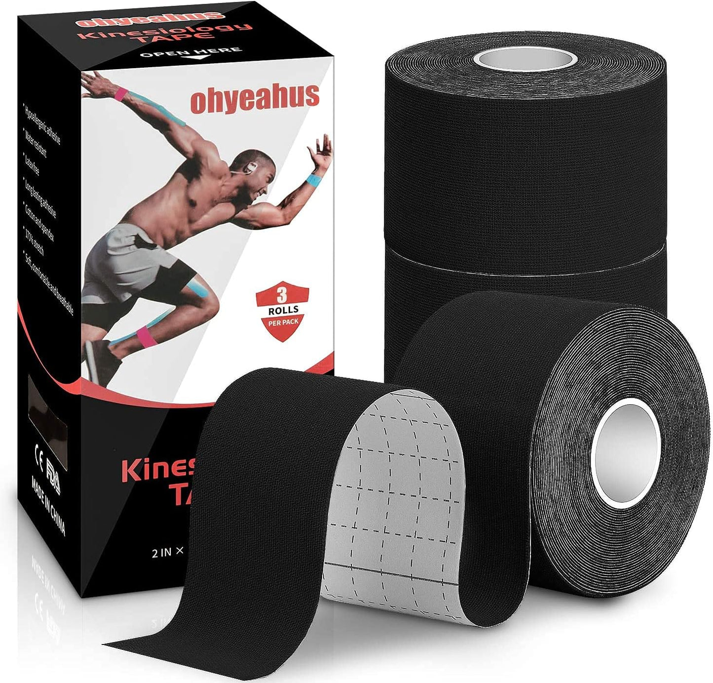 Kinesiology Tape(3 Rolls Pack), Elastic Therapeutic Sports Tape Pro for Shoulder Knee Elbow Ankle, Waterproof, Breathable, Latex Free, 2 Inch X 19.7 Feet per Roll