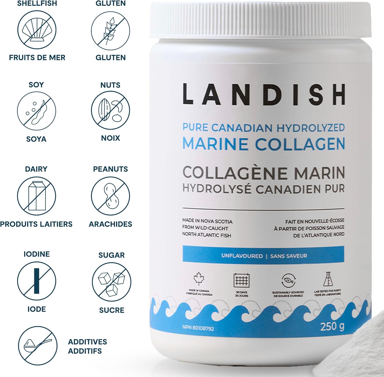 Pure Canadian Marine Collagen Peptides Powder - Whole-Body Benefits & Joint Support, for Women & Men - Hydrolyzed, Unflavoured, Ultra-Pure Protein Supplement - Fully Dissolves, 0 Carb & Sugar - Made in Canada - 250 G (30-Day Supply)