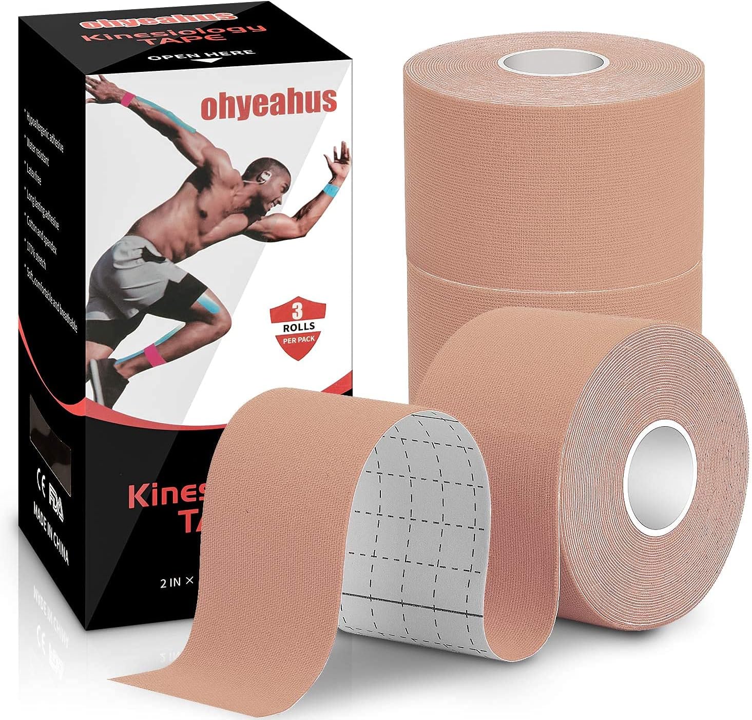 Kinesiology Tape(3 Rolls Pack), Elastic Therapeutic Sports Tape Pro for Shoulder Knee Elbow Ankle, Waterproof, Breathable, Latex Free, 2 Inch X 19.7 Feet per Roll