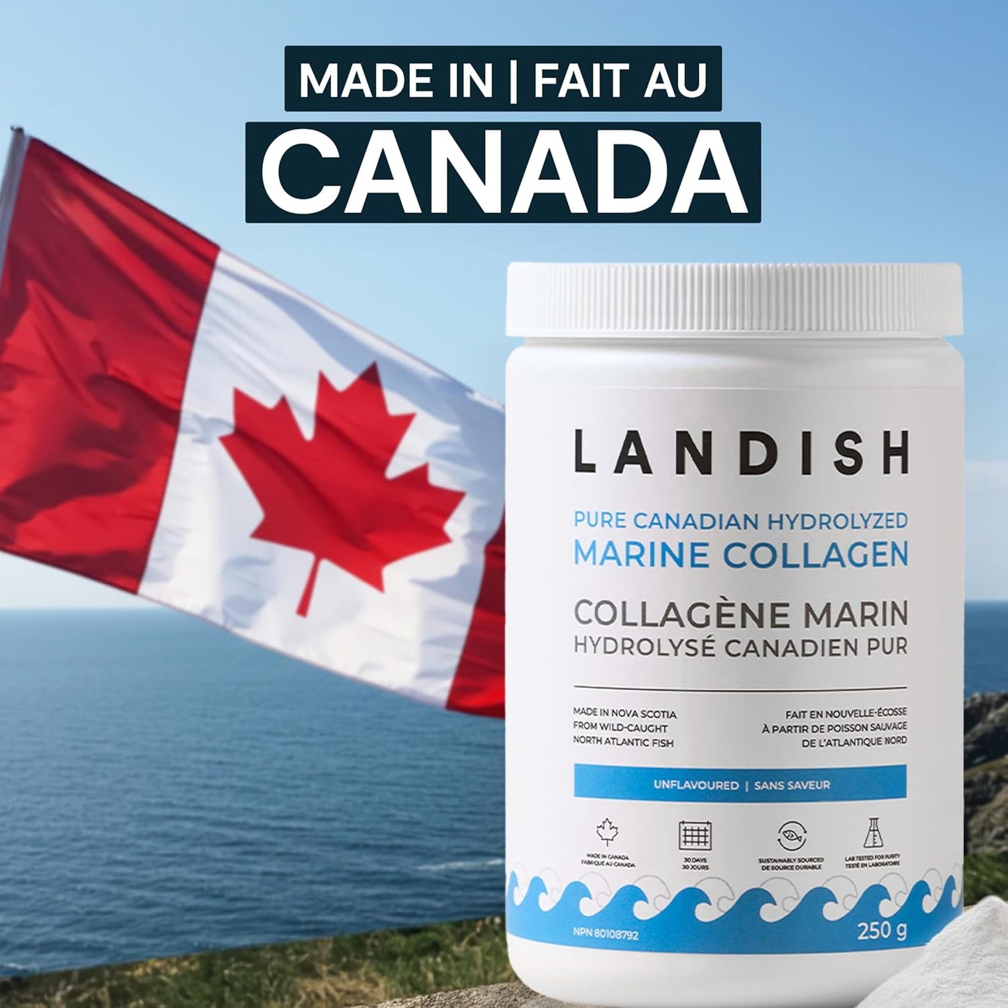 Pure Canadian Marine Collagen Peptides Powder - Whole-Body Benefits & Joint Support, for Women & Men - Hydrolyzed, Unflavoured, Ultra-Pure Protein Supplement - Fully Dissolves, 0 Carb & Sugar - Made in Canada - 250 G (30-Day Supply)