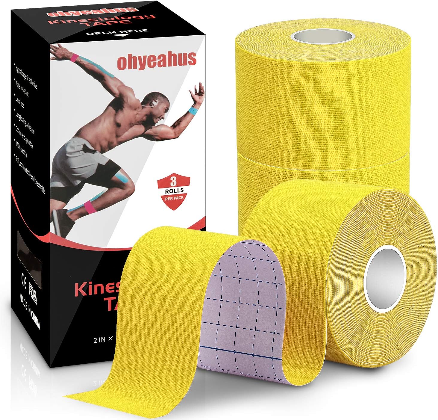 Kinesiology Tape(3 Rolls Pack), Elastic Therapeutic Sports Tape Pro for Shoulder Knee Elbow Ankle, Waterproof, Breathable, Latex Free, 2 Inch X 19.7 Feet per Roll